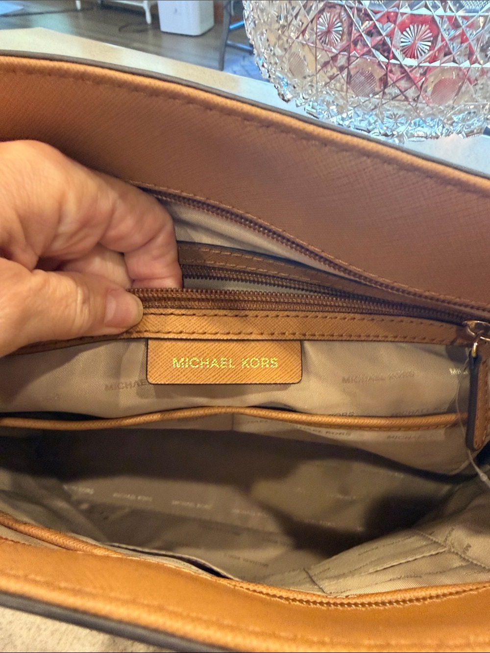 Michael Kors Tan Saffiano Leather Structured Tote with MK Charm - Picture 11 of 15